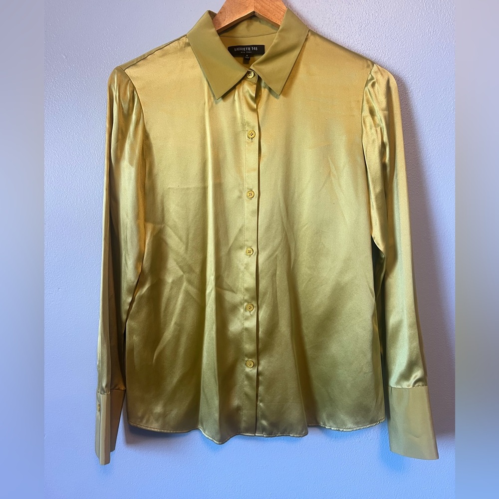Lafayette 148 New York Satin Button-Down Shirt in Chartreuse